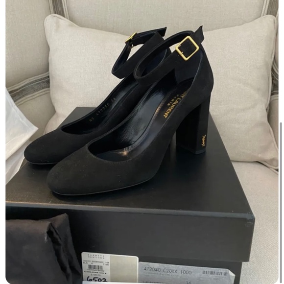 Saint Laurent YSL LouLou Black Suede Mary Jane Ankle Strap Pumps Gold 36 6 95mm - Picture 2 of 8